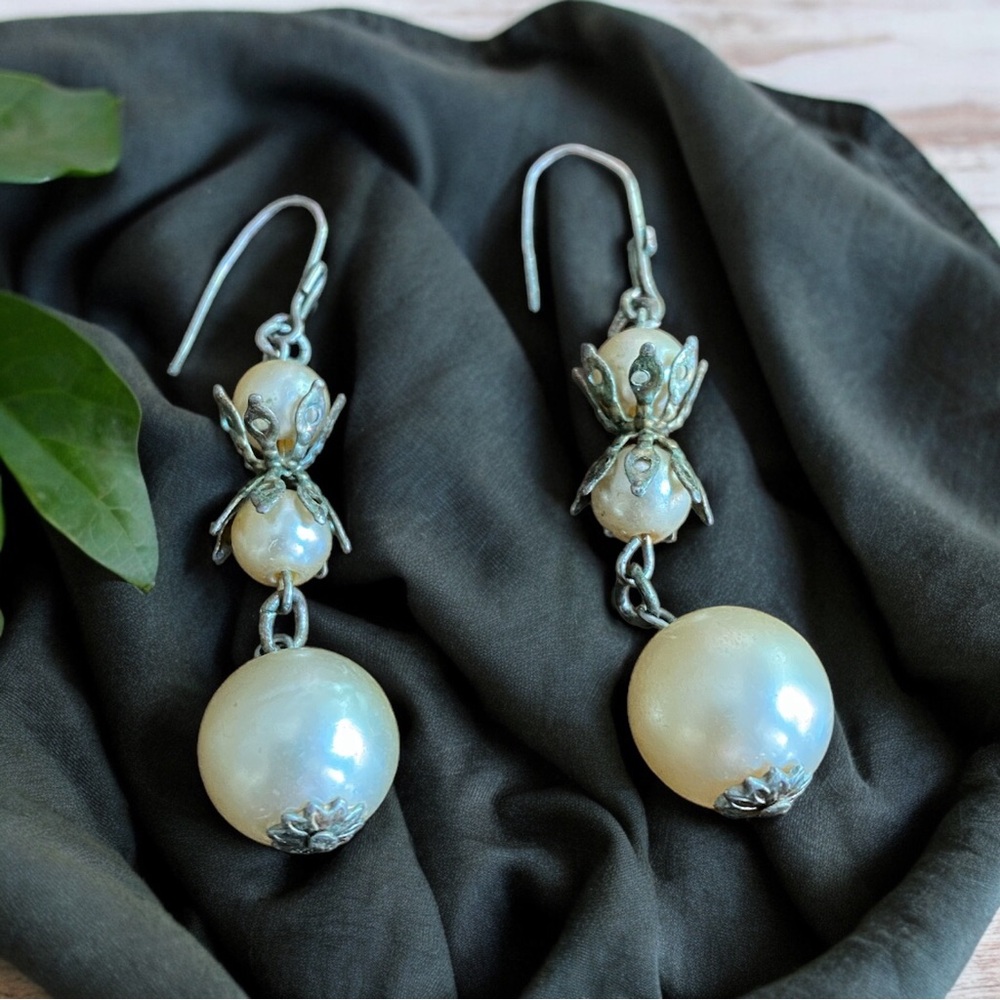Vintage Silver Faux Pearl Dangle Drop Earrings Cottagecore Victorian GVC